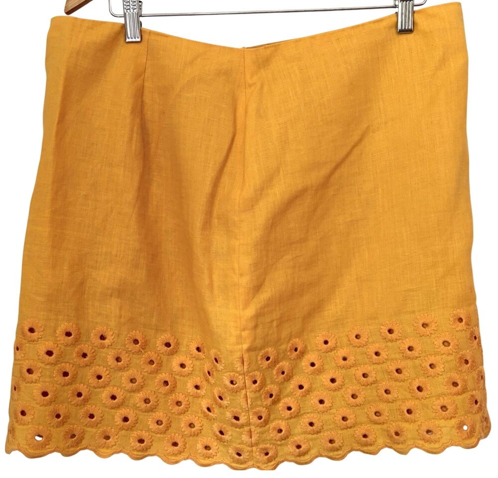 MICHAEL KORS Embroidered Floral Eyelet Linen Skirt | Size 14 Yellow Lined Boho